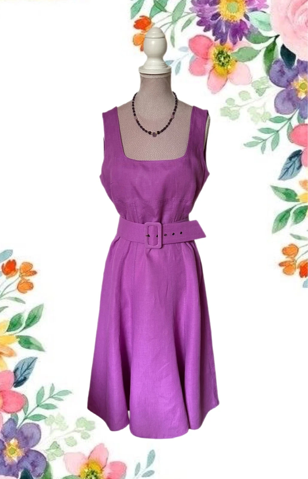 💜🌾Robe vintage 100% lin champêtre cottagecore Marella boho chic lilac purple linen dress 38/40🌾💜